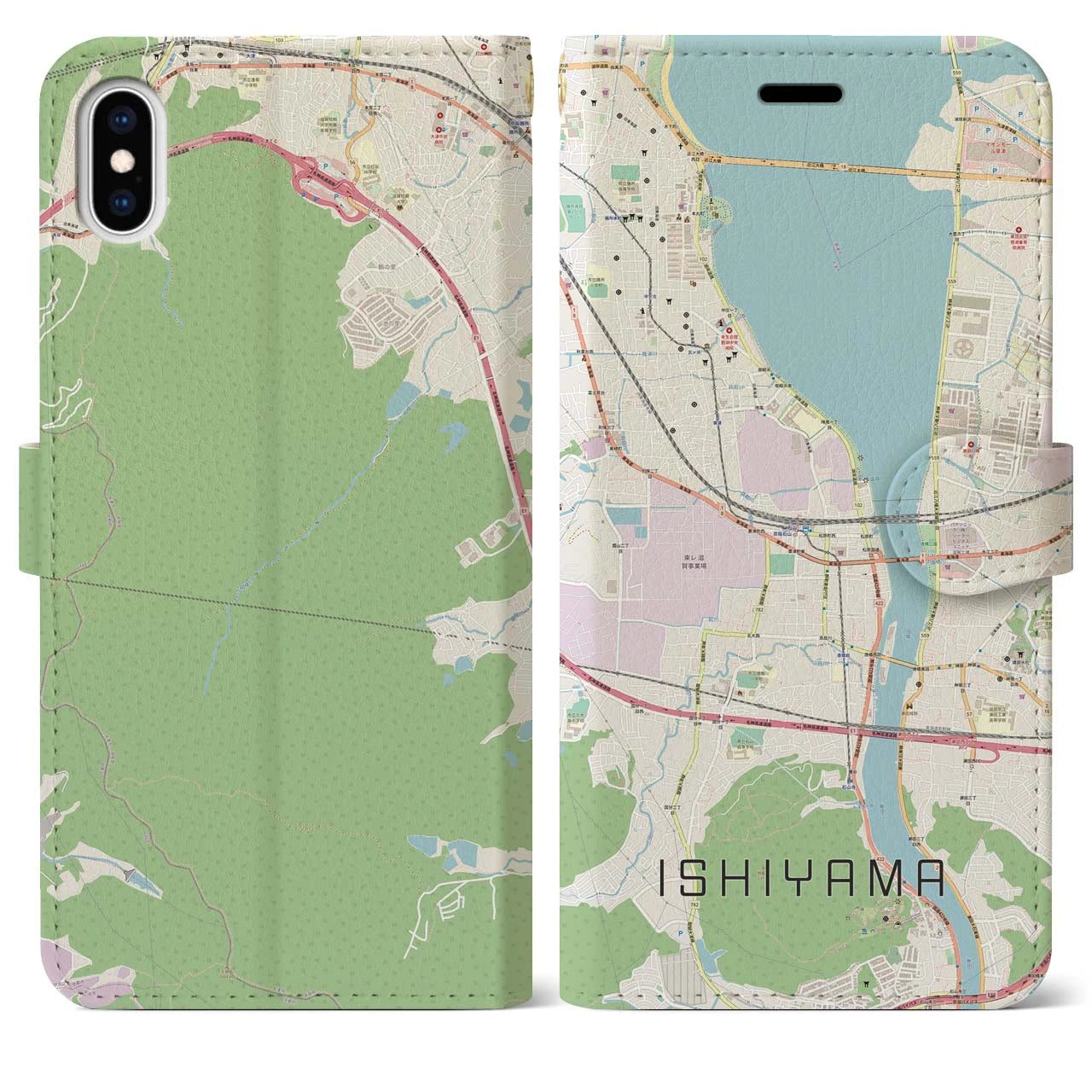 【石山】地図柄iPhoneケース（手帳両面タイプ・ナチュラル）iPhone XS Max 用