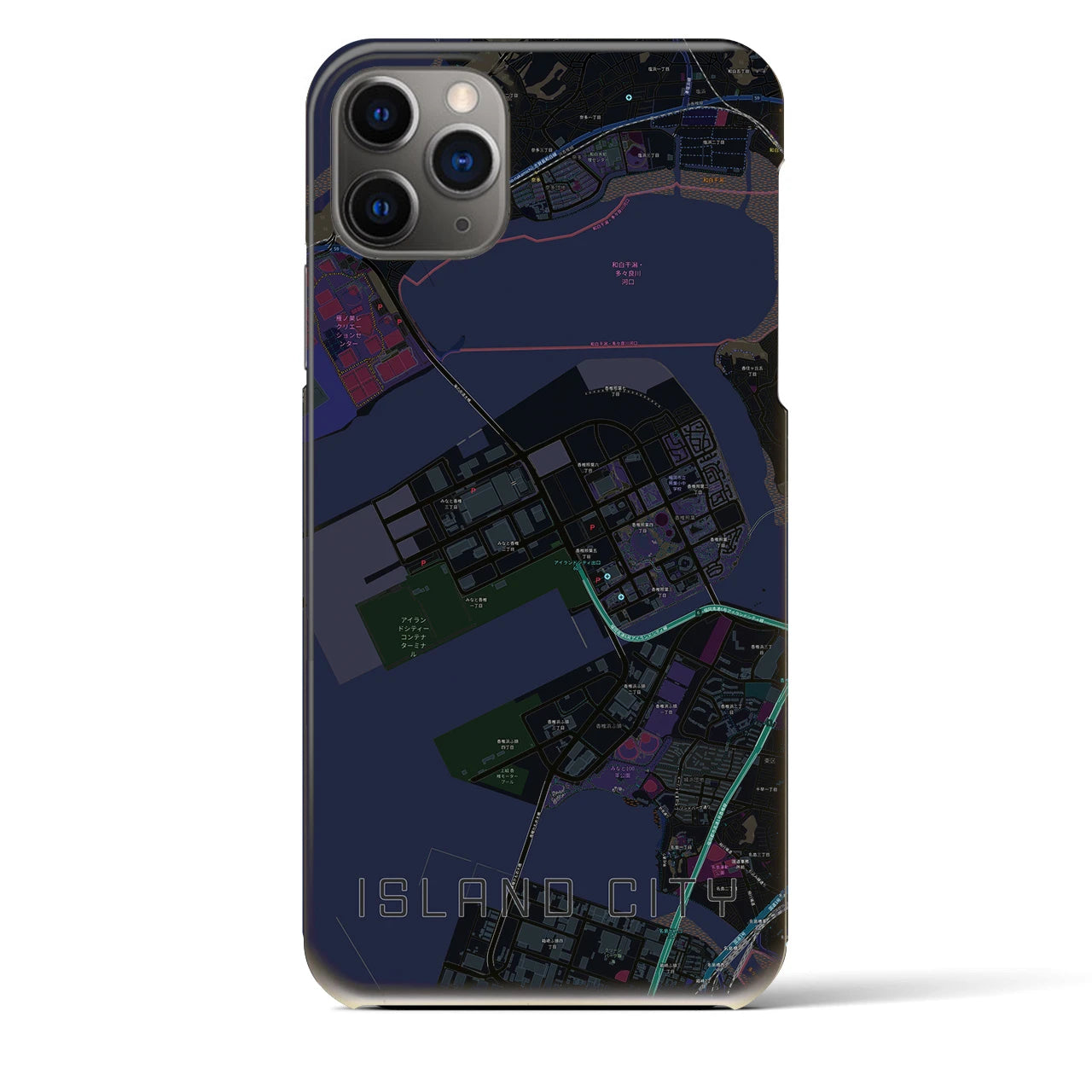 【アイランドシティ】地図柄iPhoneケース（バックカバータイプ・ブラック）iPhone 11 Pro Max 用