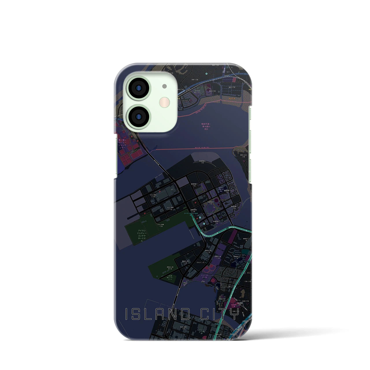 【アイランドシティ】地図柄iPhoneケース（バックカバータイプ・ブラック）iPhone 12 mini 用
