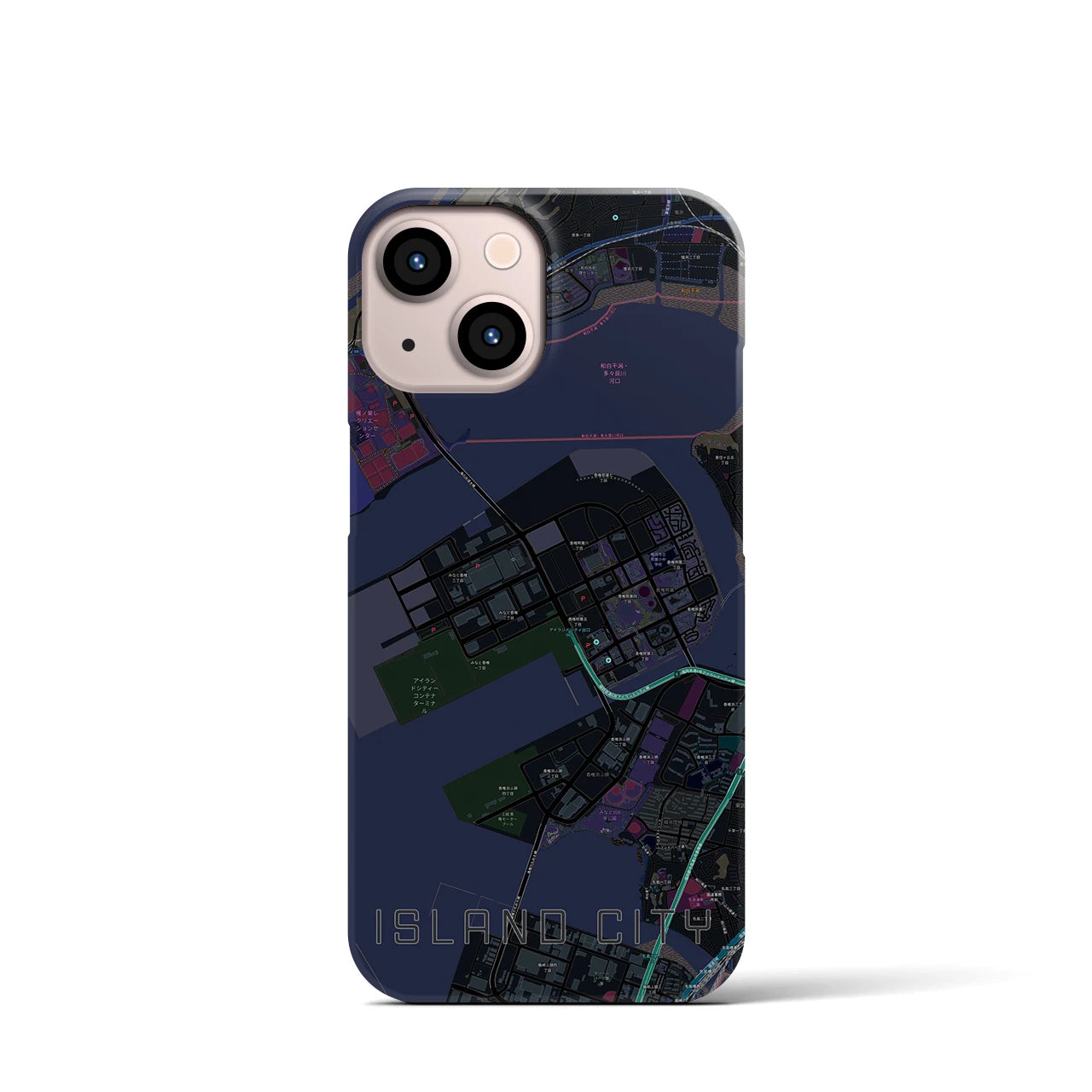【アイランドシティ】地図柄iPhoneケース（バックカバータイプ・ブラック）iPhone 13 mini 用