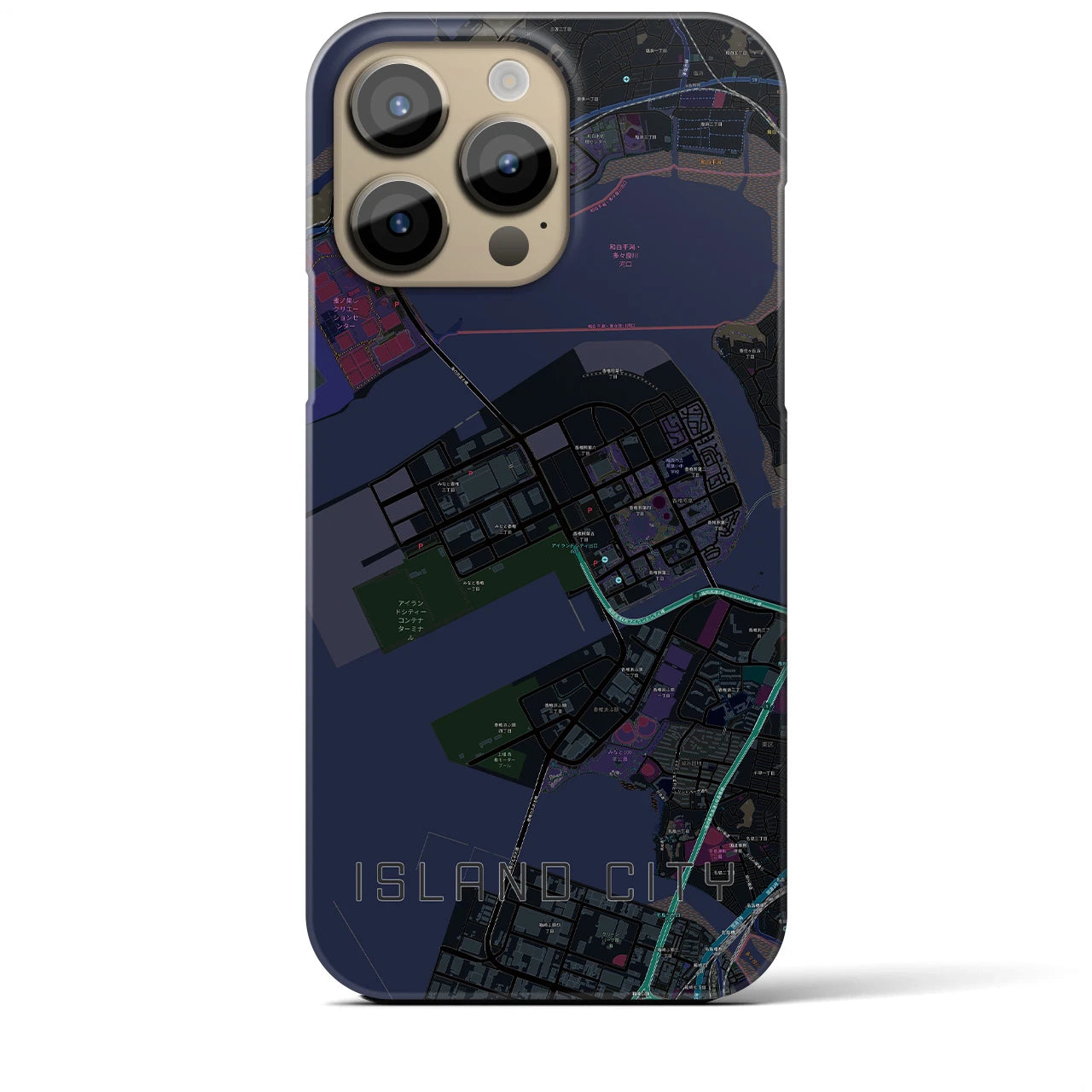 【アイランドシティ】地図柄iPhoneケース（バックカバータイプ・ブラック）iPhone 14 Pro Max 用