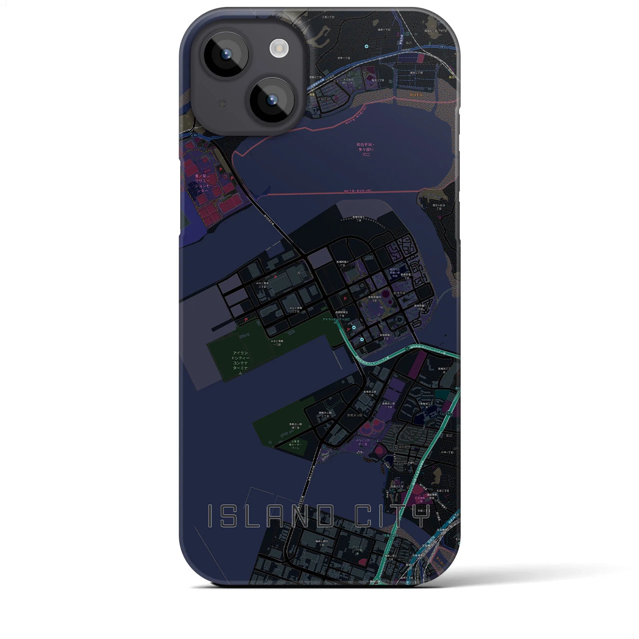 【アイランドシティ】地図柄iPhoneケース（バックカバータイプ・ブラック）iPhone 14 Plus 用