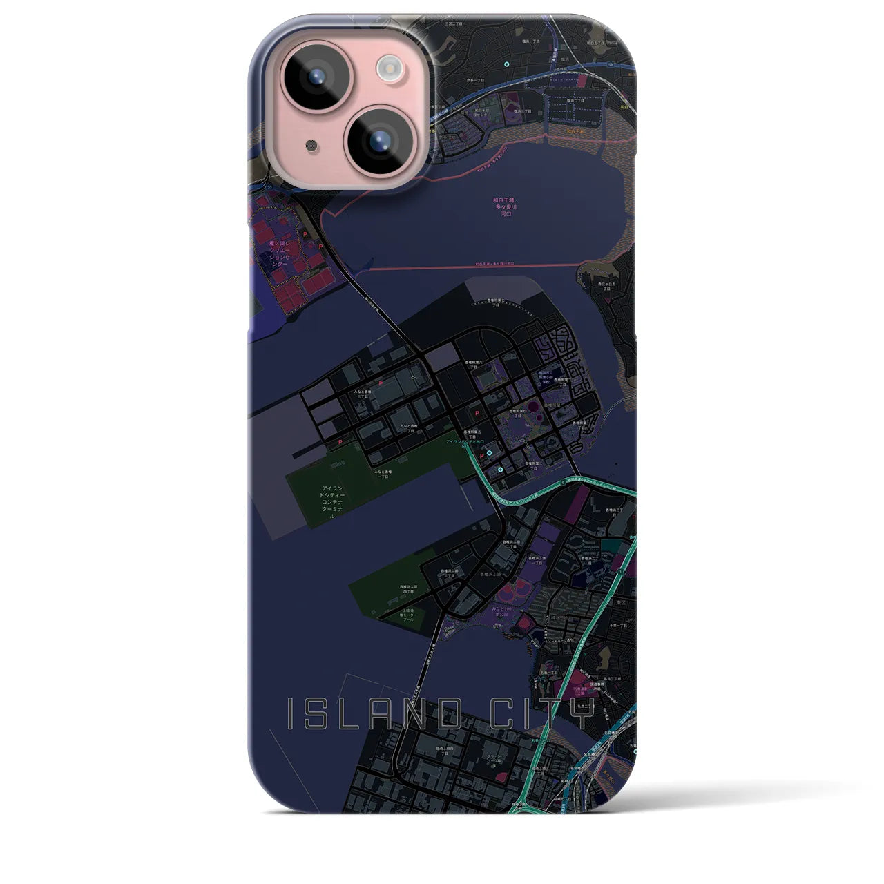 【アイランドシティ】地図柄iPhoneケース（バックカバータイプ・ブラック）iPhone 15 Plus 用