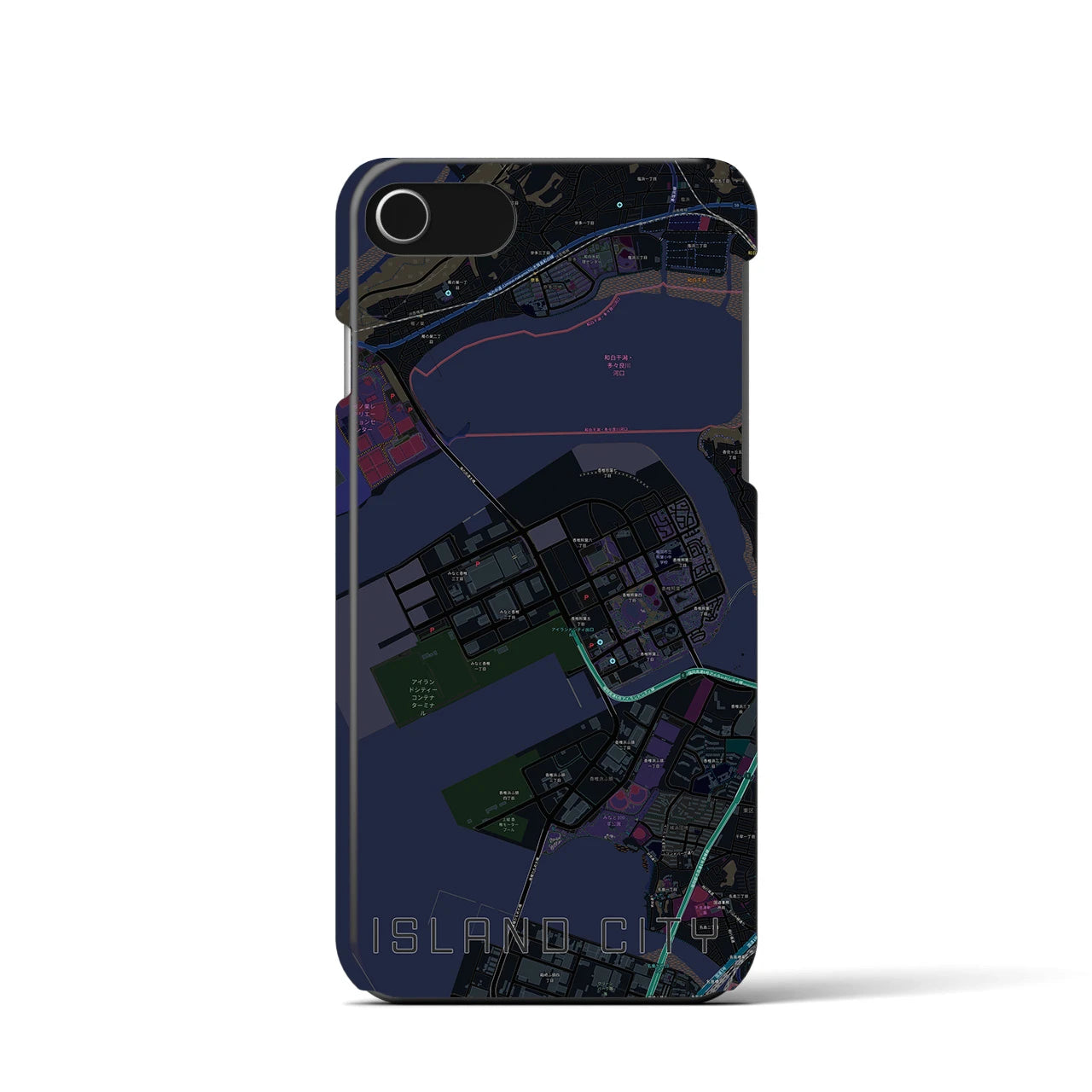 【アイランドシティ】地図柄iPhoneケース（バックカバータイプ・ブラック）iPhone SE（第3 / 第2世代） / 8 / 7 / 6s / 6 用