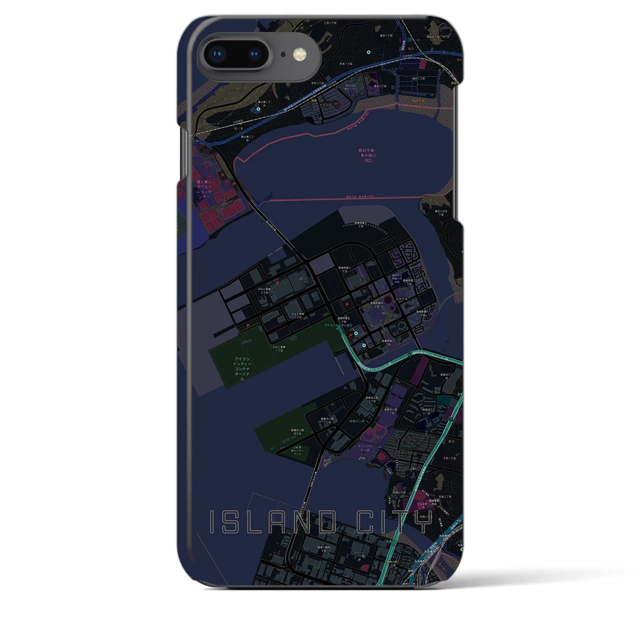 【アイランドシティ】地図柄iPhoneケース（バックカバータイプ・ブラック）iPhone 8Plus /7Plus / 6sPlus / 6Plus 用