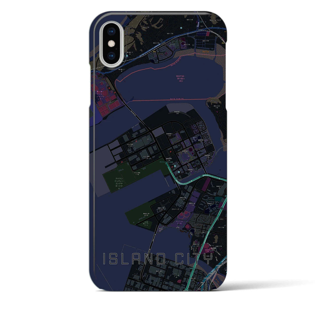 【アイランドシティ】地図柄iPhoneケース（バックカバータイプ・ブラック）iPhone XS Max 用
