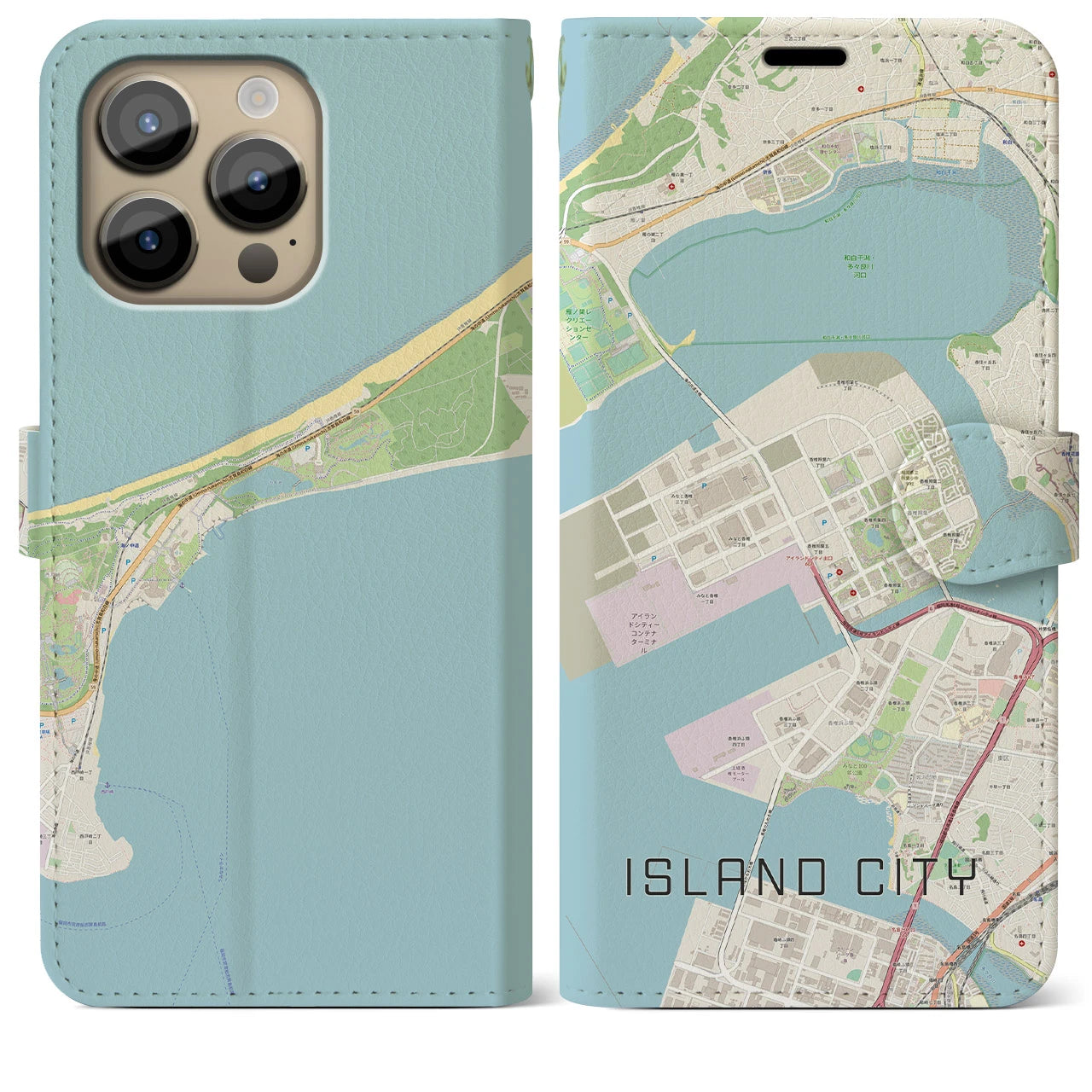 【アイランドシティ】地図柄iPhoneケース（手帳両面タイプ・ナチュラル）iPhone 14 Pro Max 用