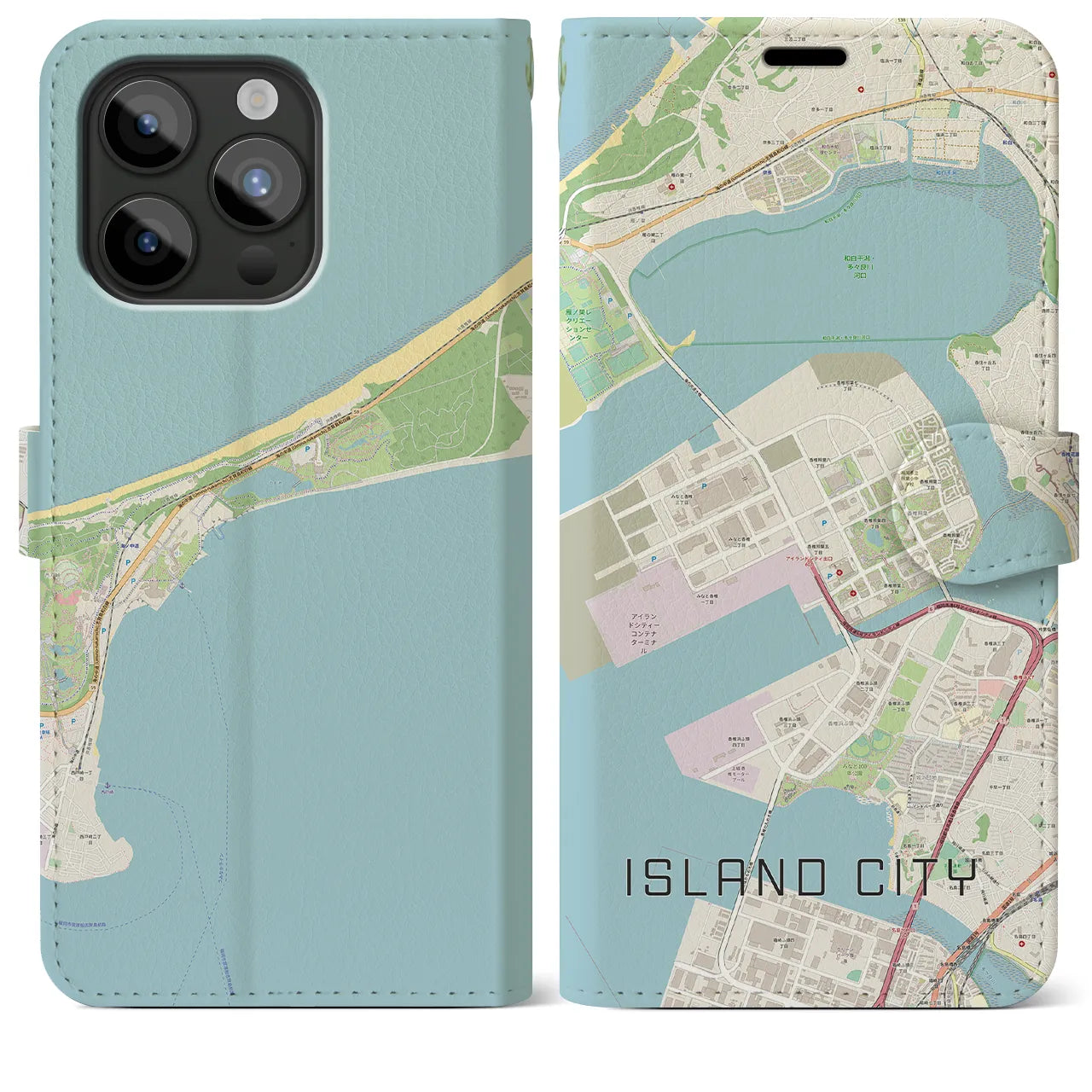 【アイランドシティ】地図柄iPhoneケース（手帳両面タイプ・ナチュラル）iPhone 15 Pro Max 用