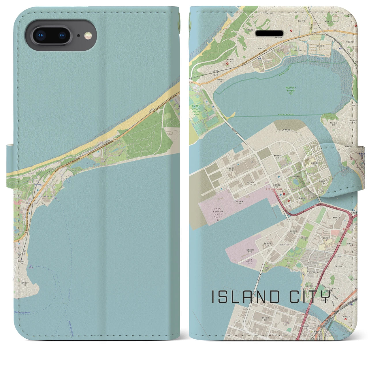 【アイランドシティ】地図柄iPhoneケース（手帳両面タイプ・ナチュラル）iPhone 8Plus /7Plus / 6sPlus / 6Plus 用