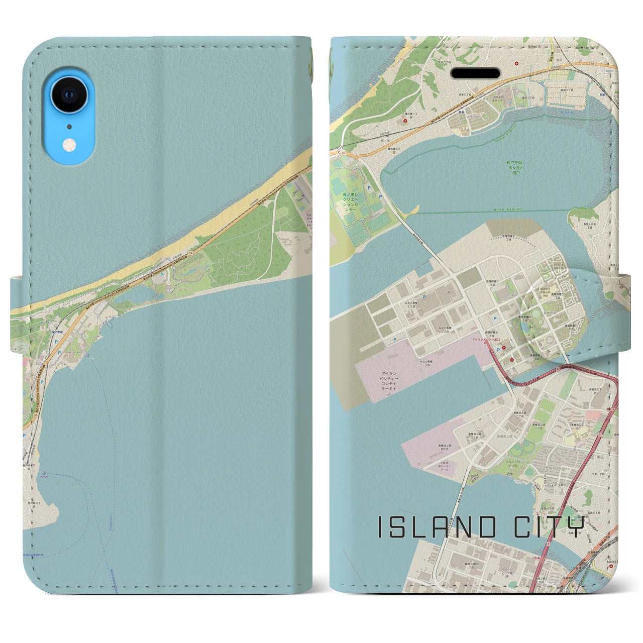 【アイランドシティ】地図柄iPhoneケース（手帳両面タイプ・ナチュラル）iPhone XR 用