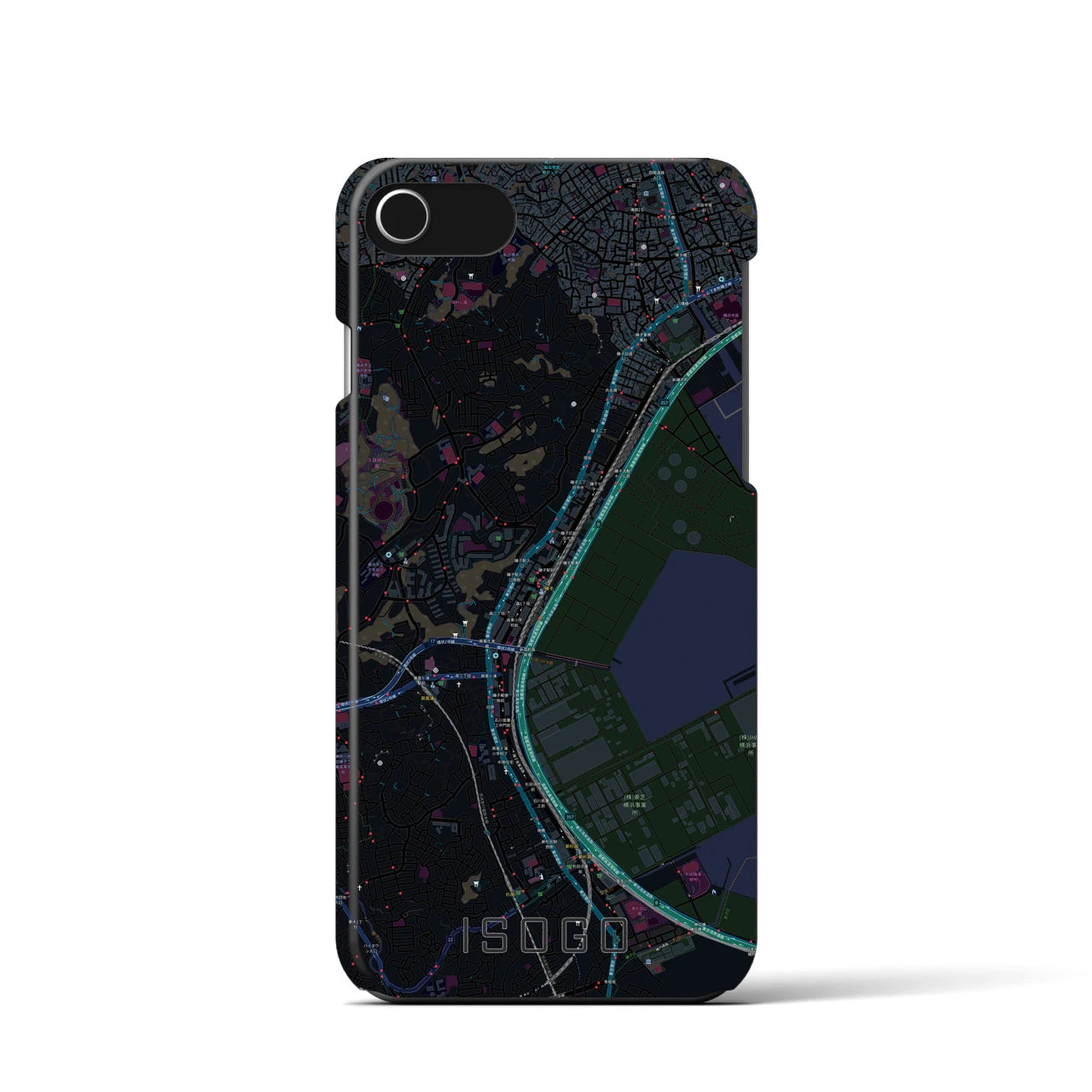 【磯子】地図柄iPhoneケース（バックカバータイプ・ブラック）iPhone SE（第3 / 第2世代） / 8 / 7 / 6s / 6 用