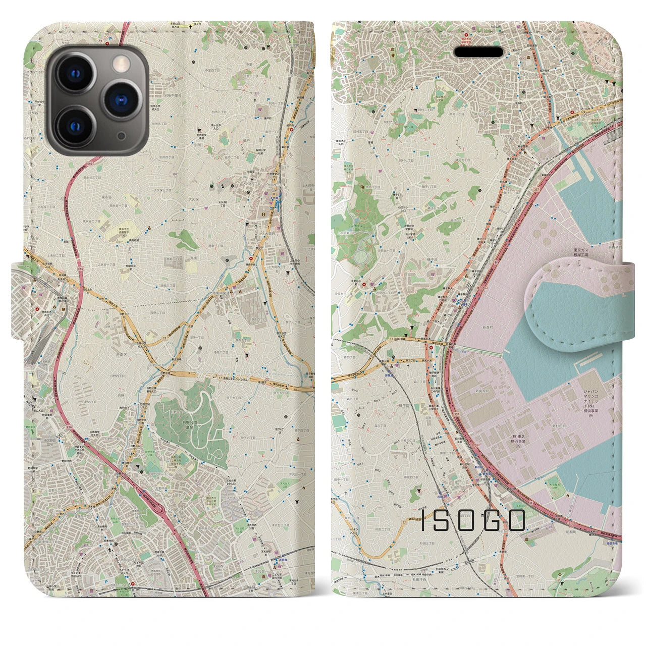 【磯子】地図柄iPhoneケース（手帳両面タイプ・ナチュラル）iPhone 11 Pro Max 用