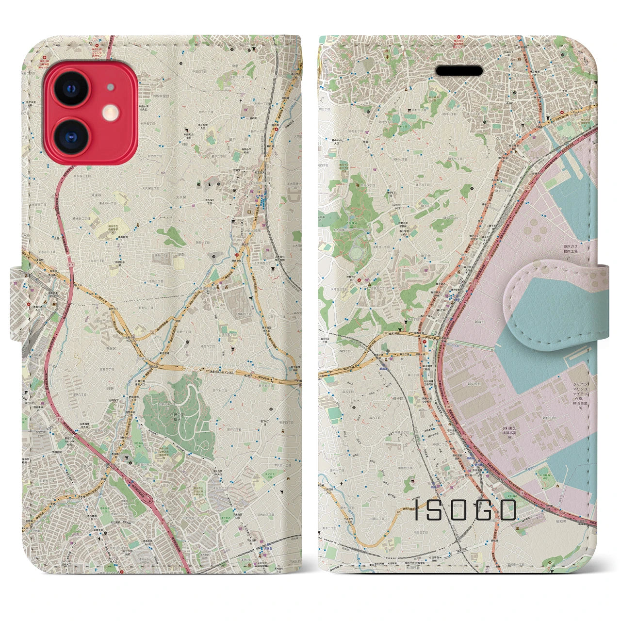【磯子】地図柄iPhoneケース（手帳両面タイプ・ナチュラル）iPhone 11 用