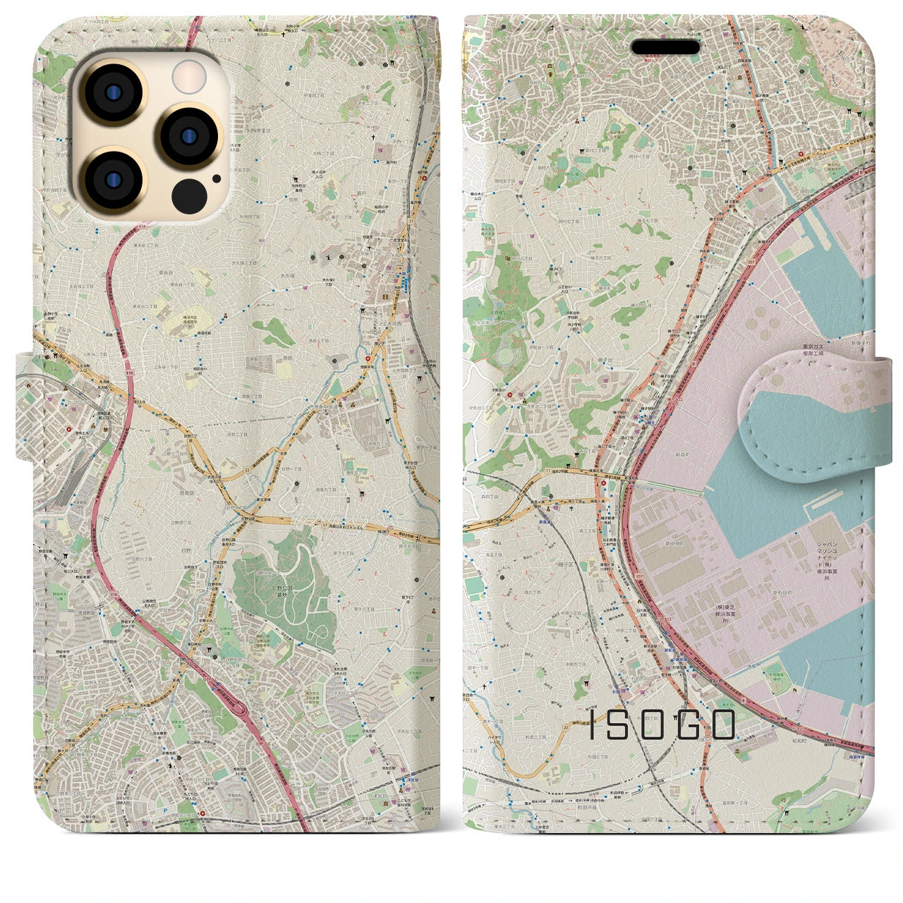 【磯子】地図柄iPhoneケース（手帳両面タイプ・ナチュラル）iPhone 12 Pro Max 用