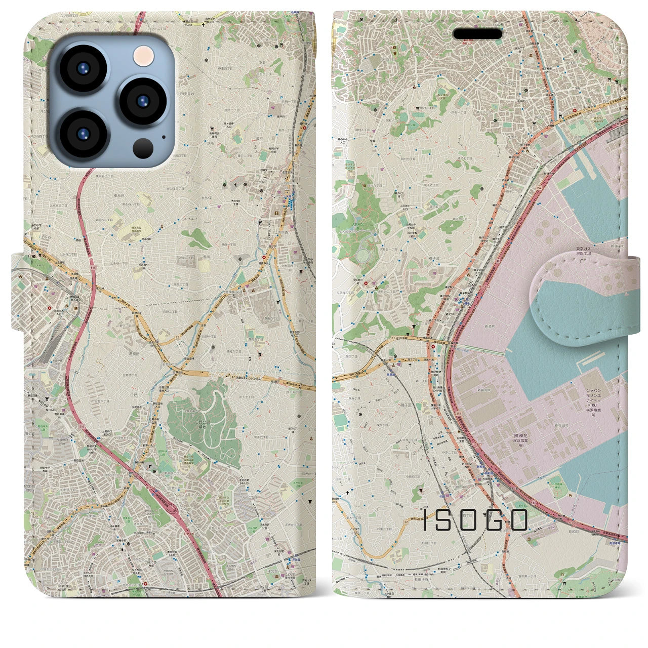 【磯子】地図柄iPhoneケース（手帳両面タイプ・ナチュラル）iPhone 13 Pro Max 用