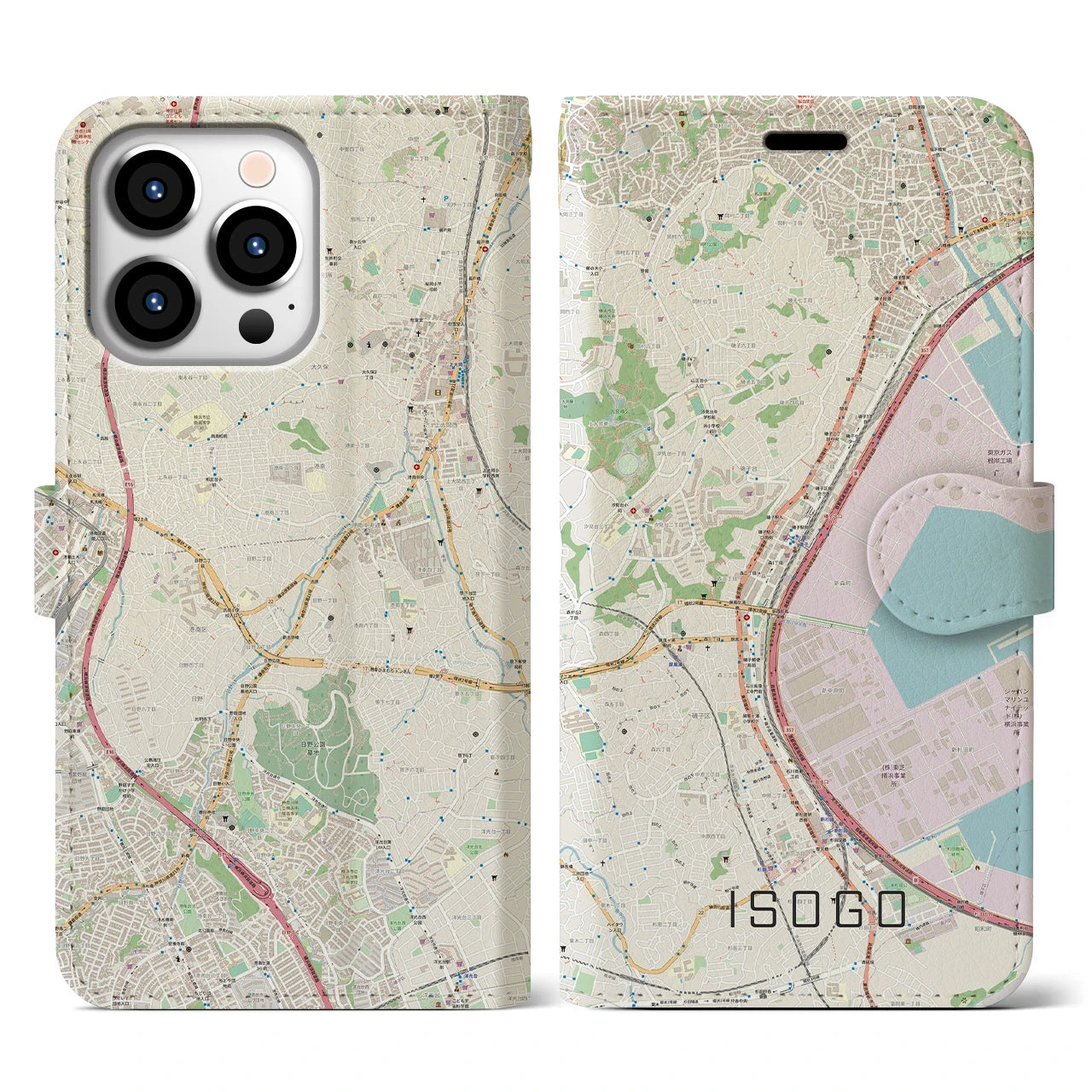 【磯子】地図柄iPhoneケース（手帳両面タイプ・ナチュラル）iPhone 13 Pro 用