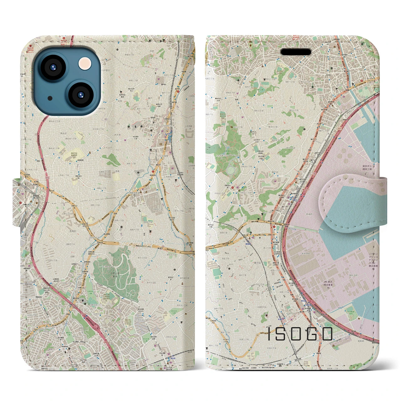 【磯子】地図柄iPhoneケース（手帳両面タイプ・ナチュラル）iPhone 13 用
