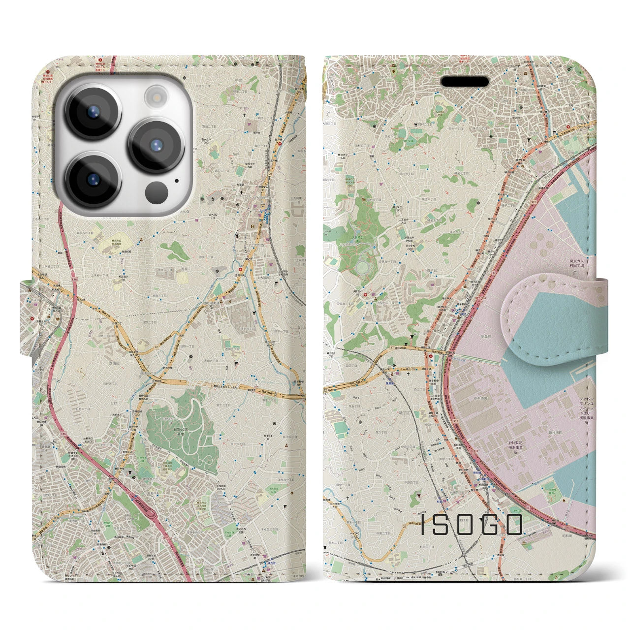 【磯子】地図柄iPhoneケース（手帳両面タイプ・ナチュラル）iPhone 14 Pro 用