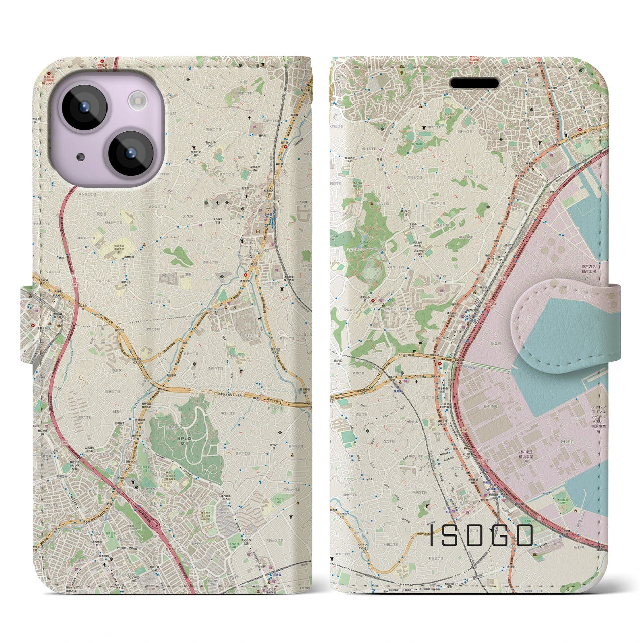【磯子】地図柄iPhoneケース（手帳両面タイプ・ナチュラル）iPhone 14 用