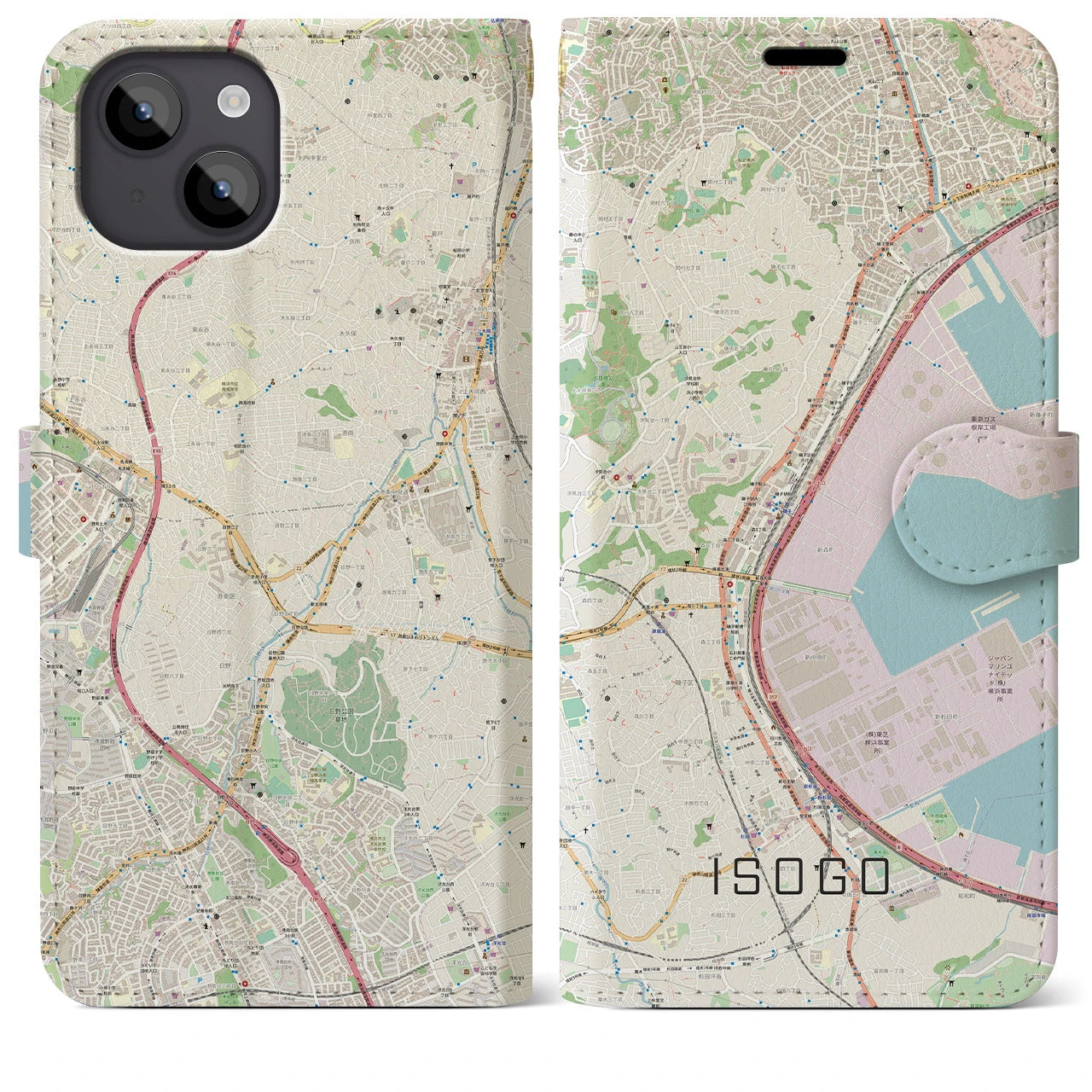 【磯子】地図柄iPhoneケース（手帳両面タイプ・ナチュラル）iPhone 14 Plus 用