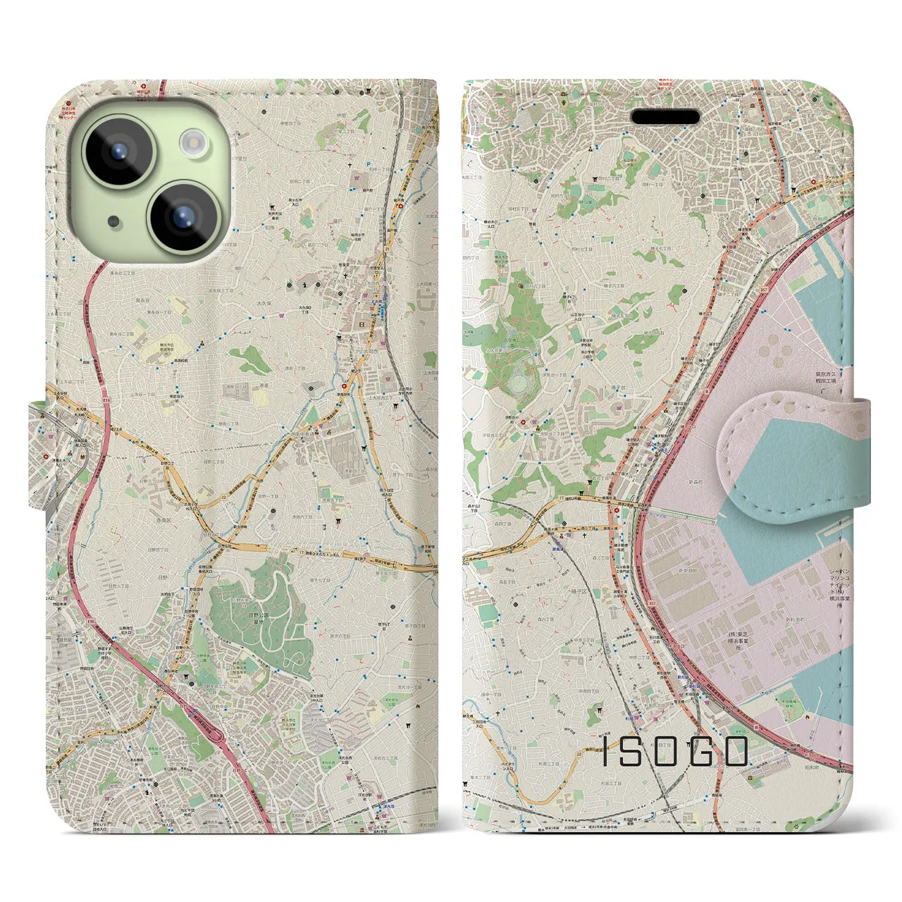 【磯子】地図柄iPhoneケース（手帳両面タイプ・ナチュラル）iPhone 15 用