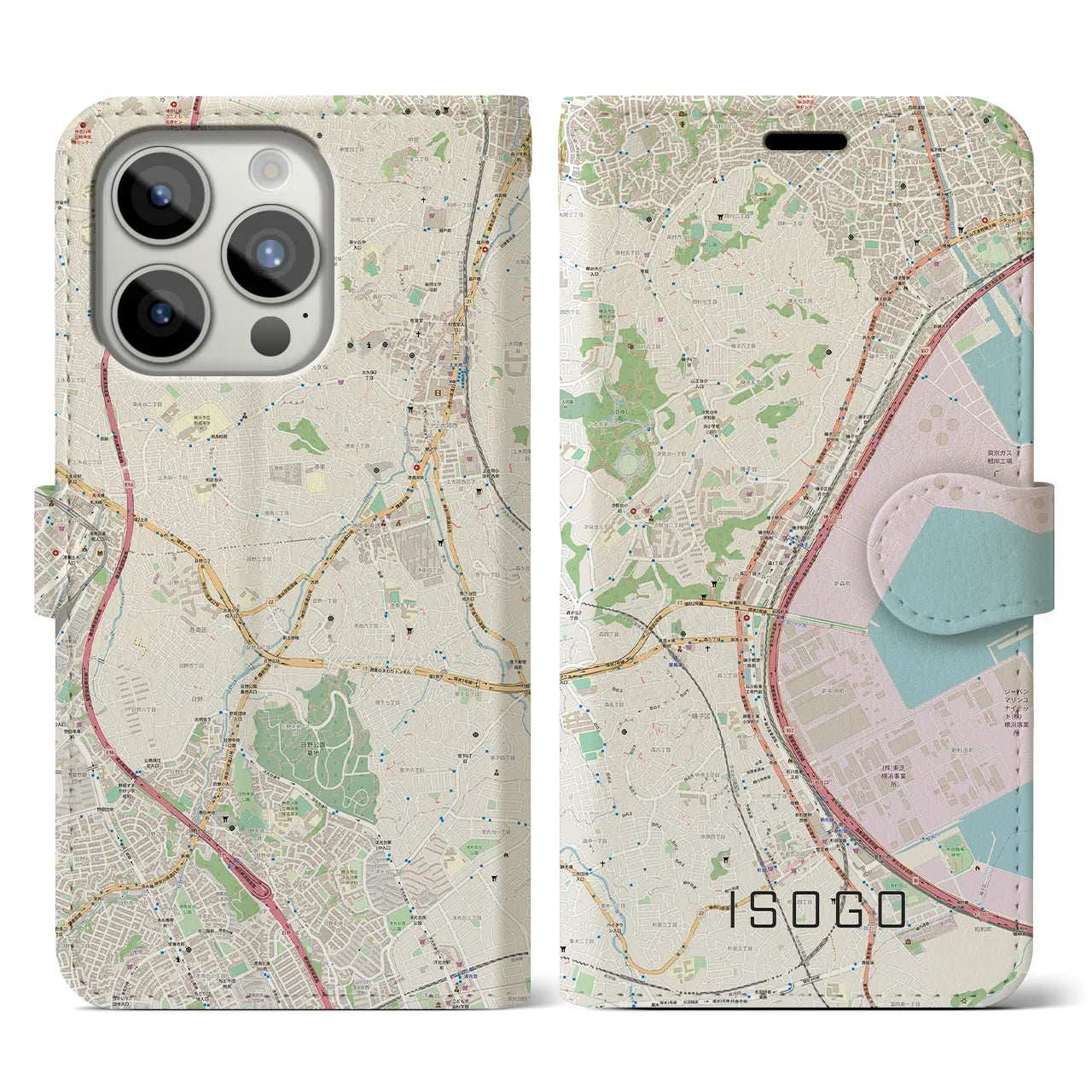 【磯子】地図柄iPhoneケース（手帳両面タイプ・ナチュラル）iPhone 15 Pro 用