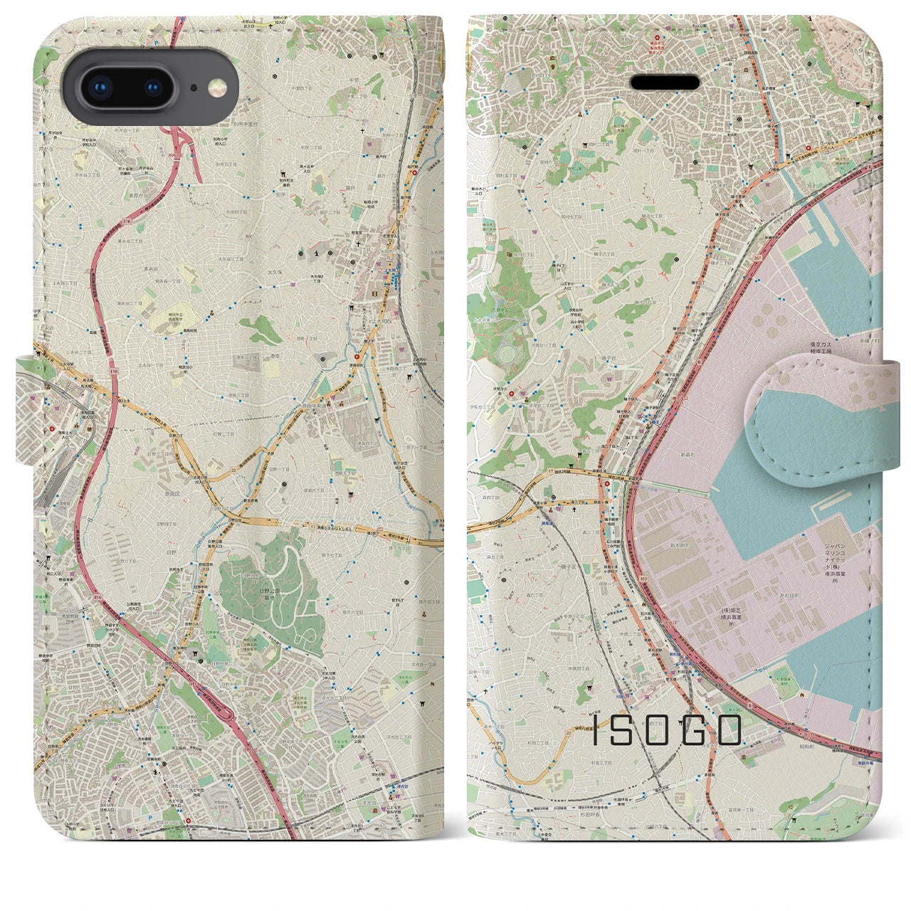 【磯子】地図柄iPhoneケース（手帳両面タイプ・ナチュラル）iPhone 8Plus /7Plus / 6sPlus / 6Plus 用