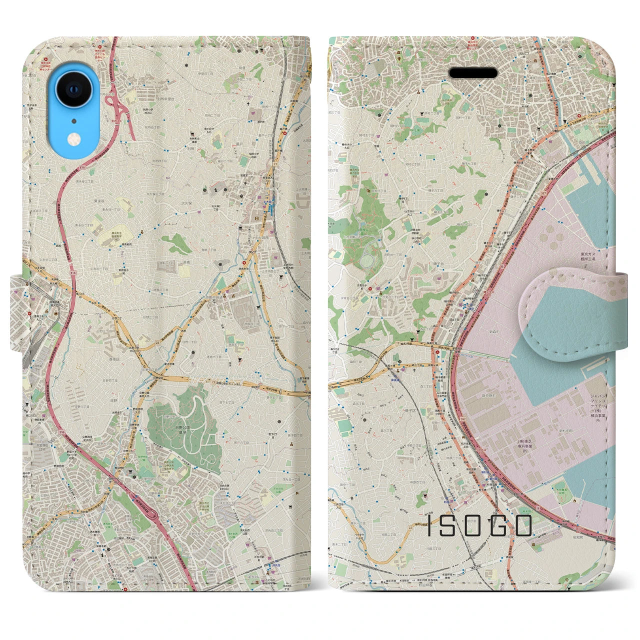 【磯子】地図柄iPhoneケース（手帳両面タイプ・ナチュラル）iPhone XR 用