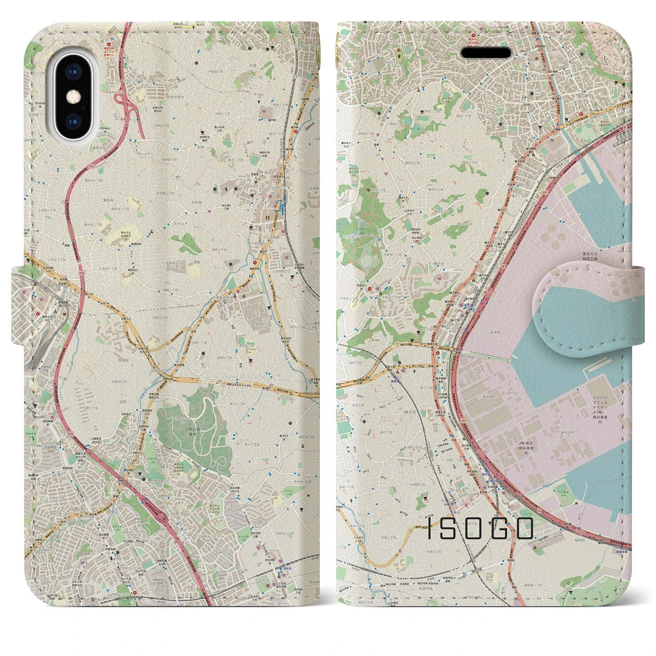 【磯子】地図柄iPhoneケース（手帳両面タイプ・ナチュラル）iPhone XS Max 用
