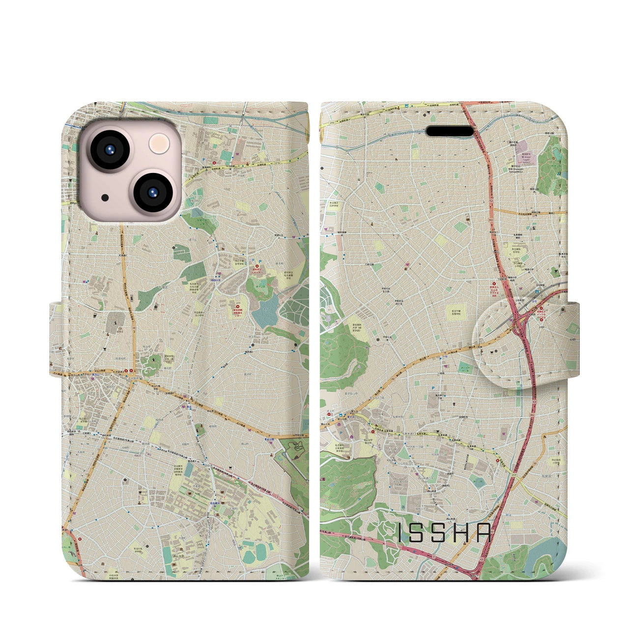 【一社】地図柄iPhoneケース（手帳両面タイプ・ナチュラル）iPhone 13 mini 用