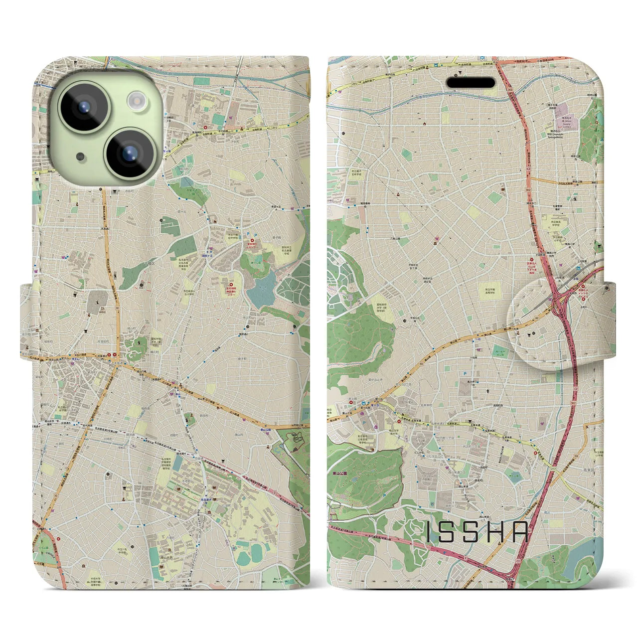 【一社】地図柄iPhoneケース（手帳両面タイプ・ナチュラル）iPhone 15 用