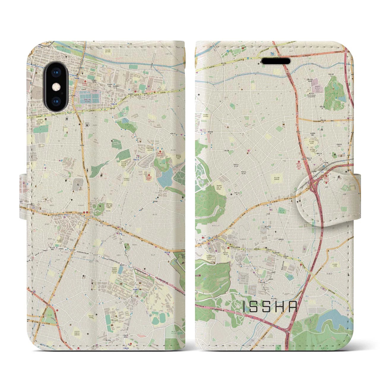 【一社】地図柄iPhoneケース（手帳両面タイプ・ナチュラル）iPhone XS / X 用