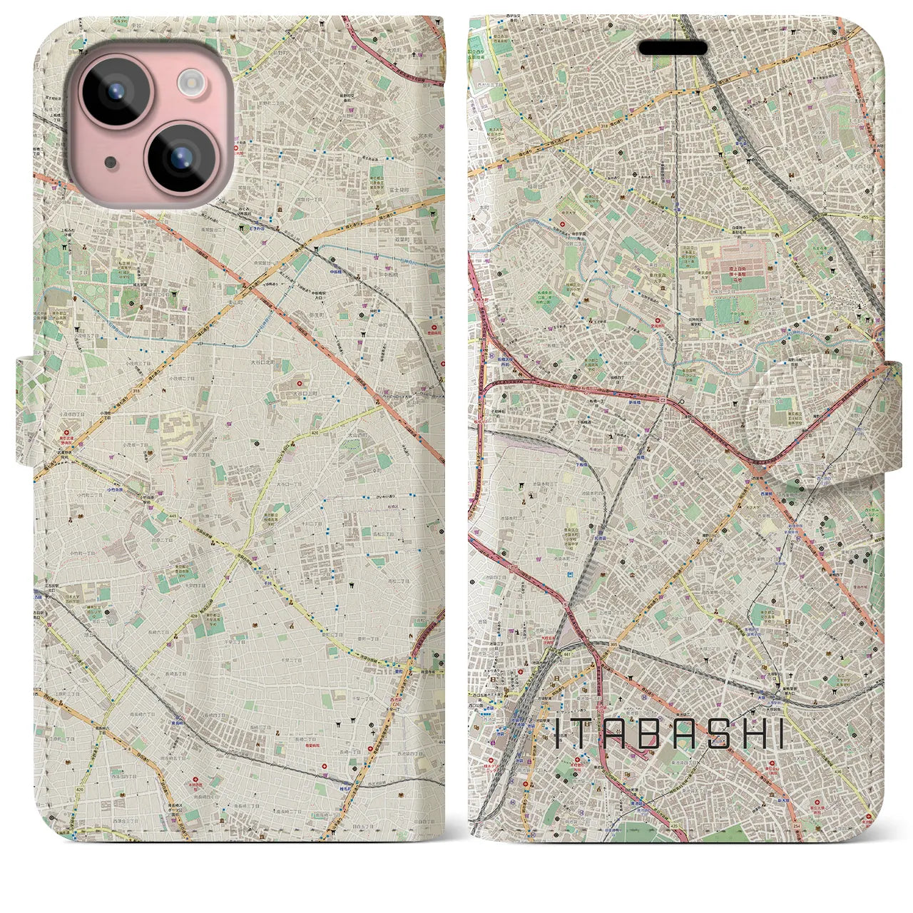 【板橋】地図柄iPhoneケース（手帳両面タイプ・ナチュラル）iPhone 15 Plus 用