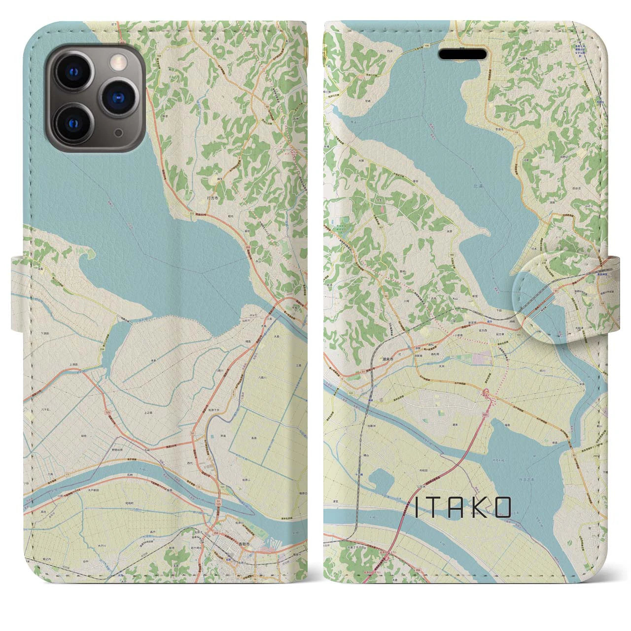 【潮来】地図柄iPhoneケース（手帳両面タイプ・ナチュラル）iPhone 11 Pro Max 用
