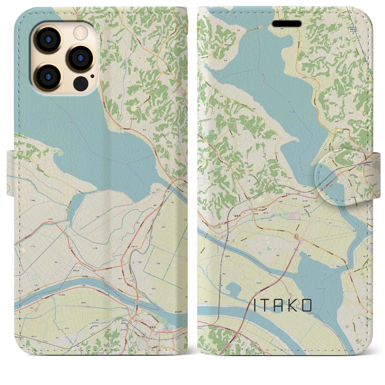 【潮来】地図柄iPhoneケース（手帳両面タイプ・ナチュラル）iPhone 12 Pro Max 用