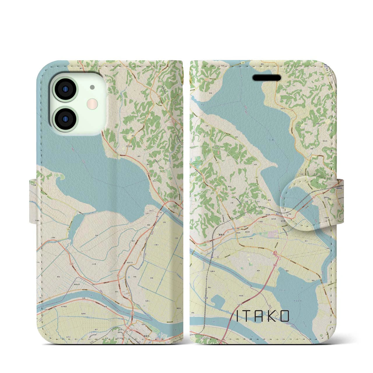 【潮来】地図柄iPhoneケース（手帳両面タイプ・ナチュラル）iPhone 12 mini 用