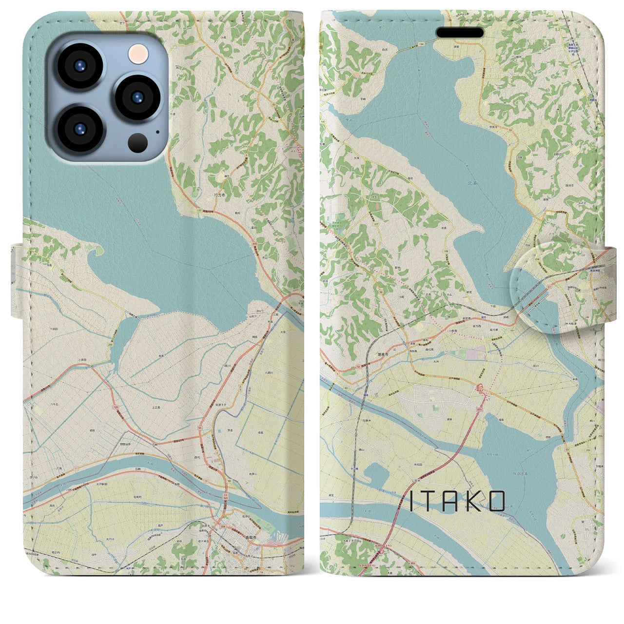 【潮来】地図柄iPhoneケース（手帳両面タイプ・ナチュラル）iPhone 13 Pro Max 用