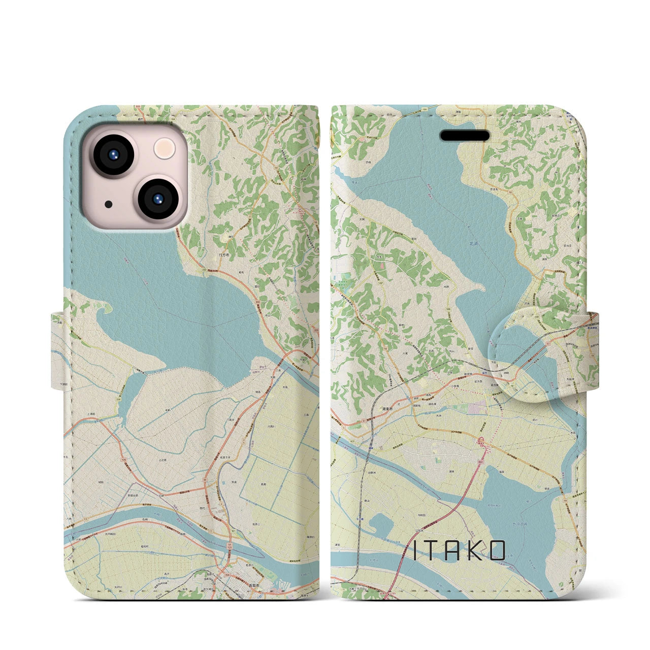 【潮来】地図柄iPhoneケース（手帳両面タイプ・ナチュラル）iPhone 13 mini 用