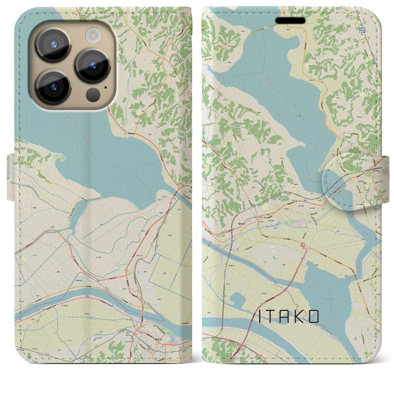 【潮来】地図柄iPhoneケース（手帳両面タイプ・ナチュラル）iPhone 14 Pro Max 用