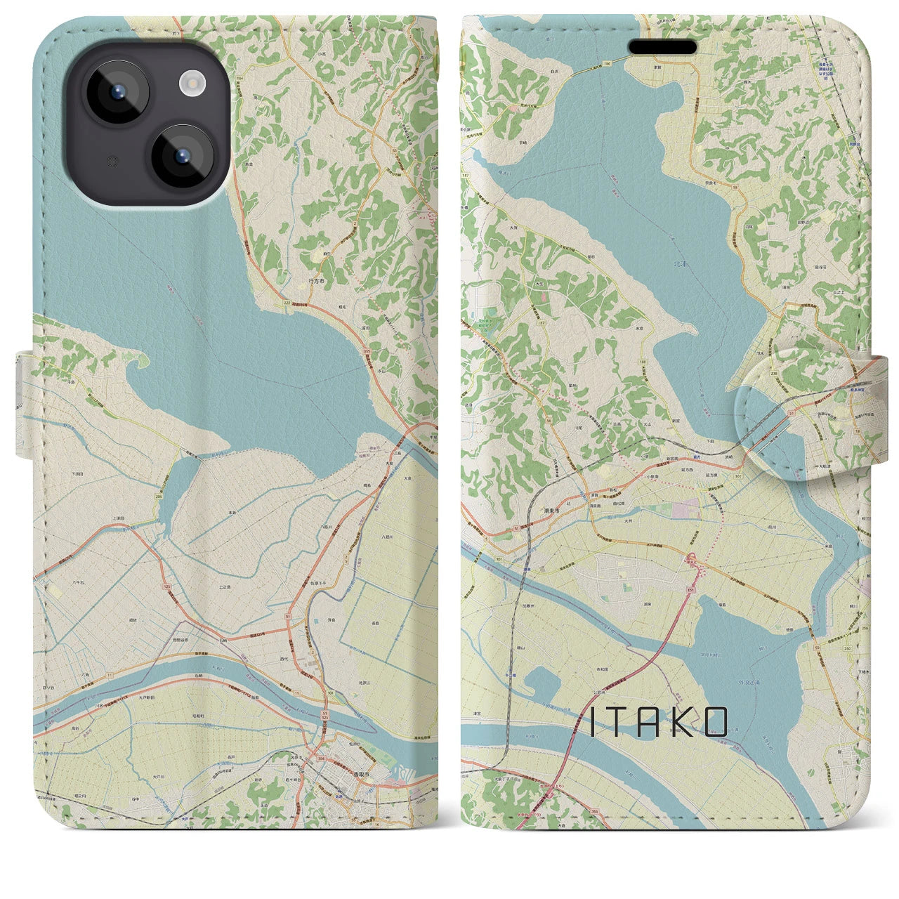 【潮来】地図柄iPhoneケース（手帳両面タイプ・ナチュラル）iPhone 14 Plus 用