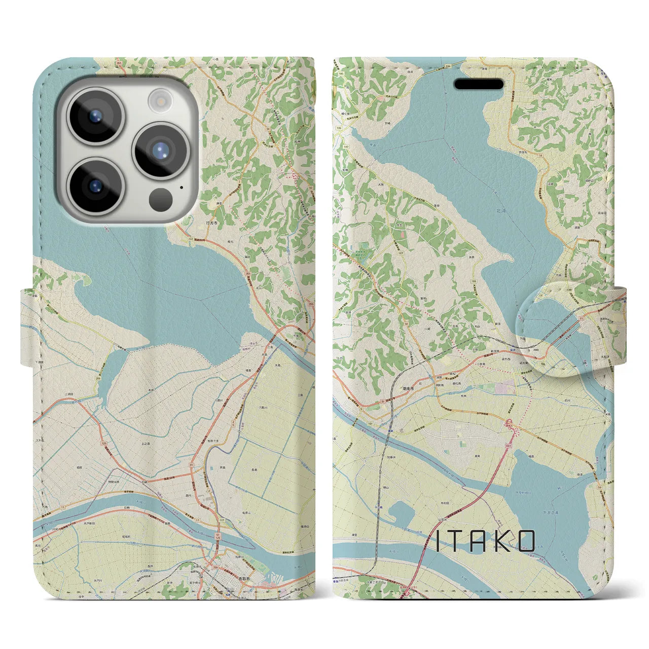 【潮来】地図柄iPhoneケース（手帳両面タイプ・ナチュラル）iPhone 15 Pro 用