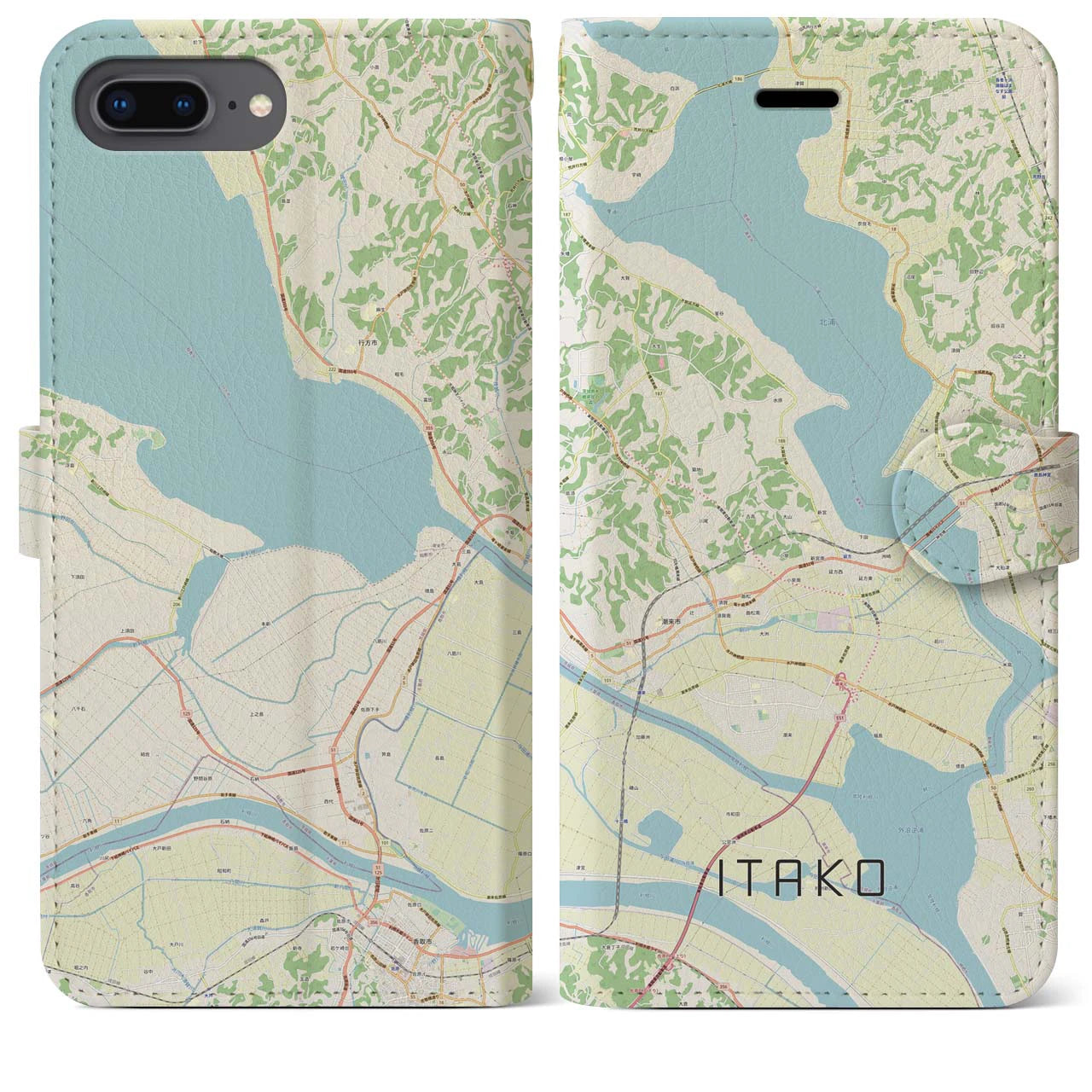 【潮来】地図柄iPhoneケース（手帳両面タイプ・ナチュラル）iPhone 8Plus /7Plus / 6sPlus / 6Plus 用