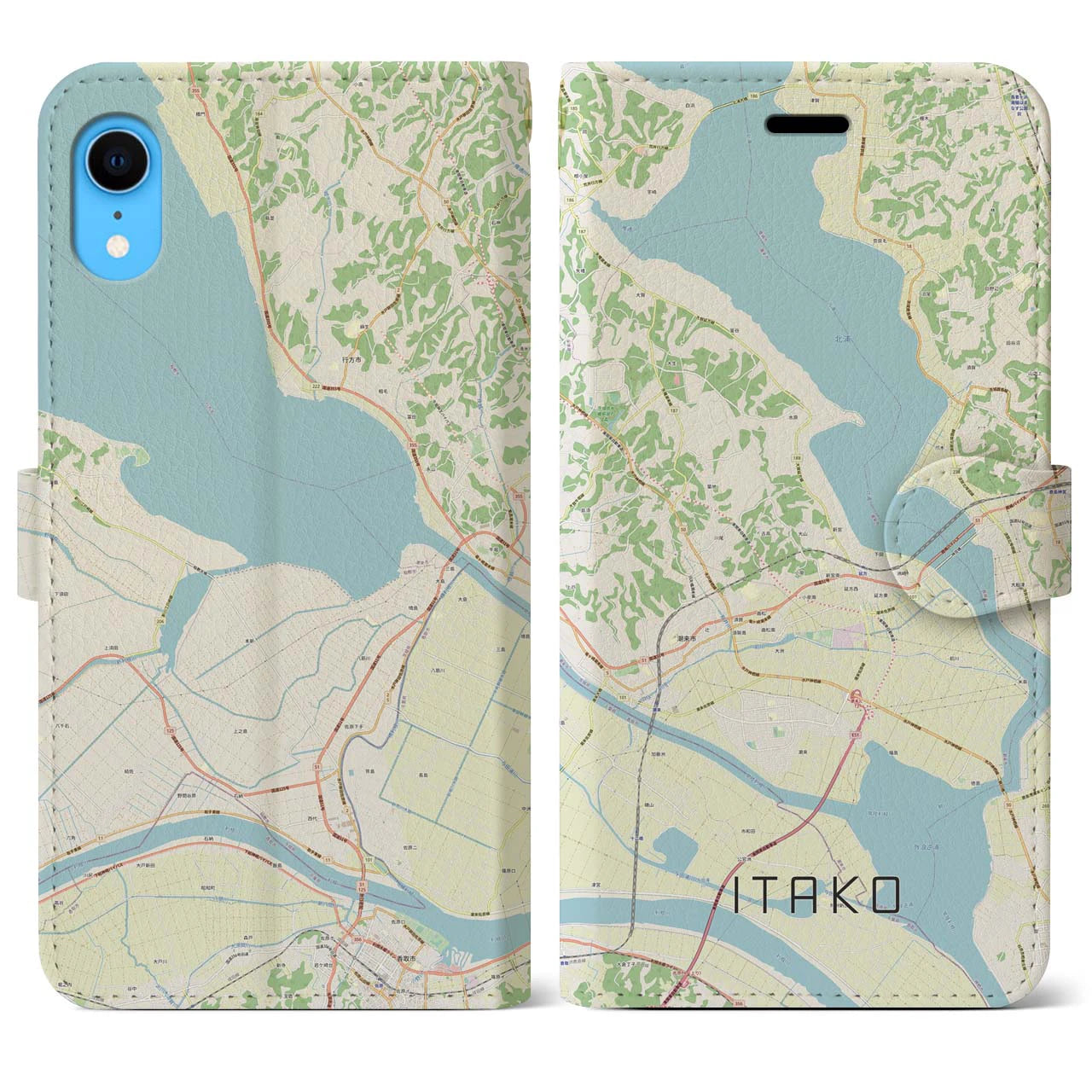 【潮来】地図柄iPhoneケース（手帳両面タイプ・ナチュラル）iPhone XR 用