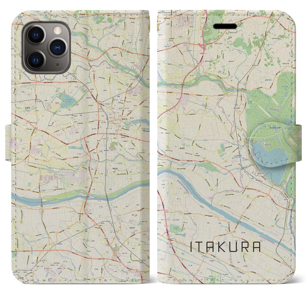 【板倉】地図柄iPhoneケース（手帳両面タイプ・ナチュラル）iPhone 11 Pro Max 用