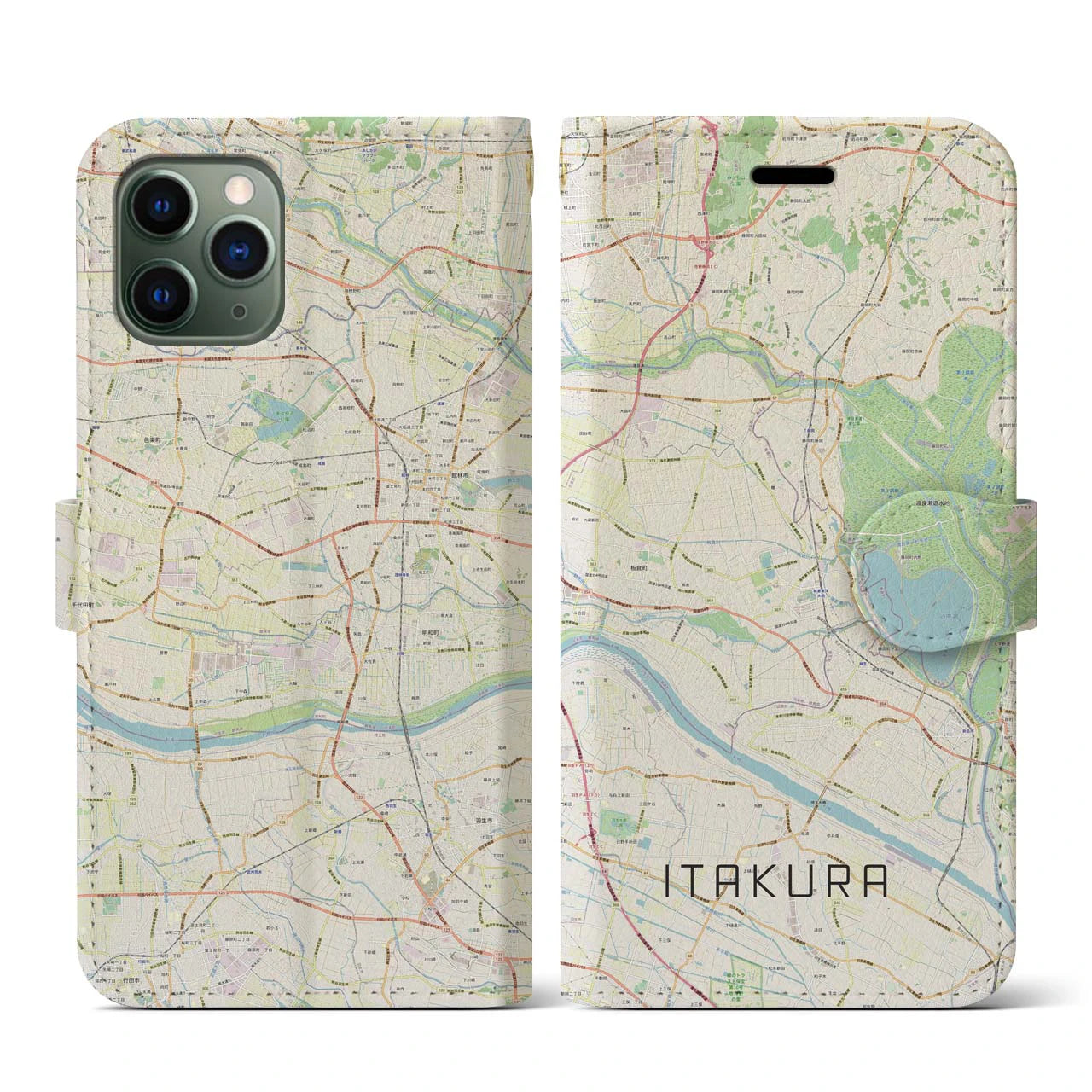 【板倉】地図柄iPhoneケース（手帳両面タイプ・ナチュラル）iPhone 11 Pro 用