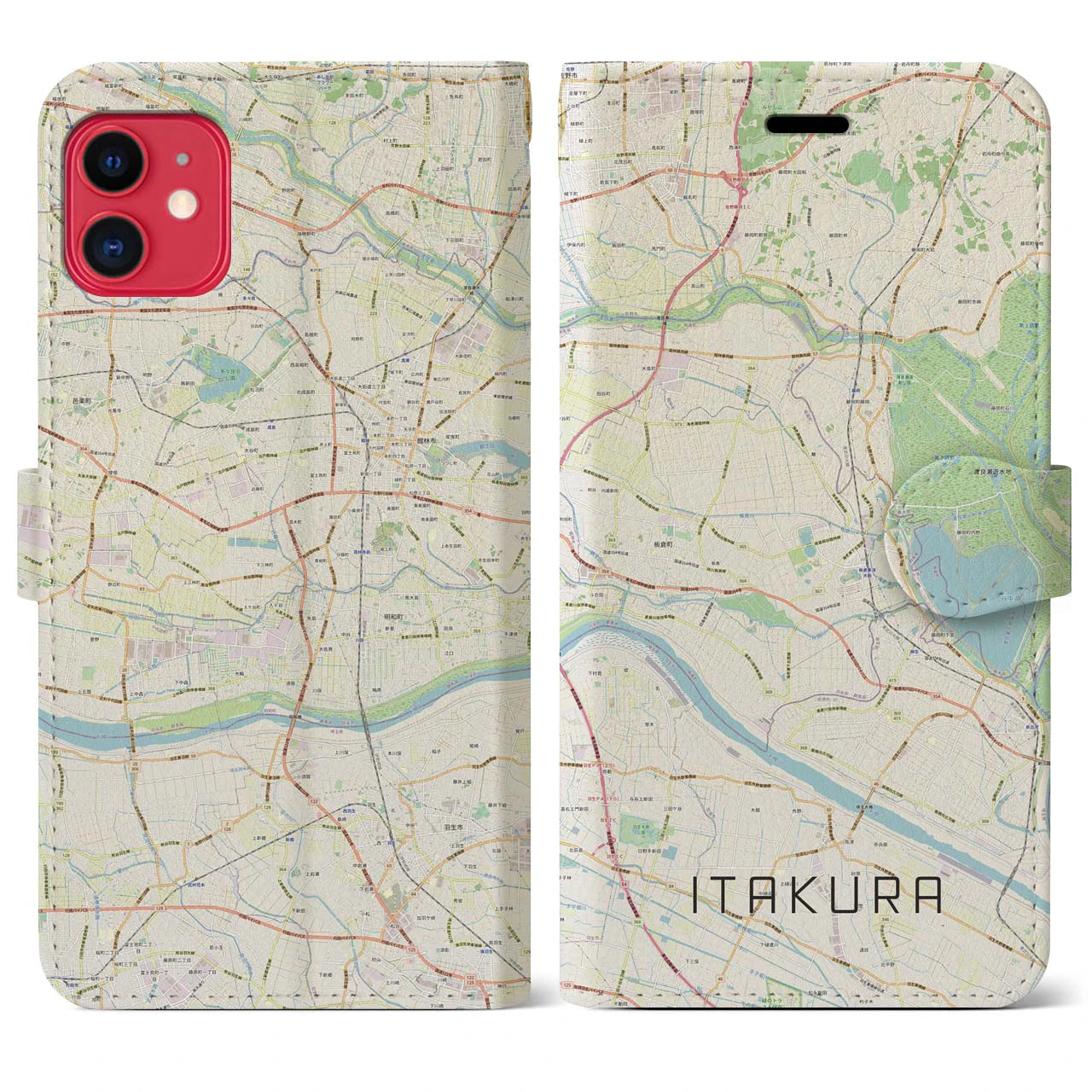 【板倉】地図柄iPhoneケース（手帳両面タイプ・ナチュラル）iPhone 11 用