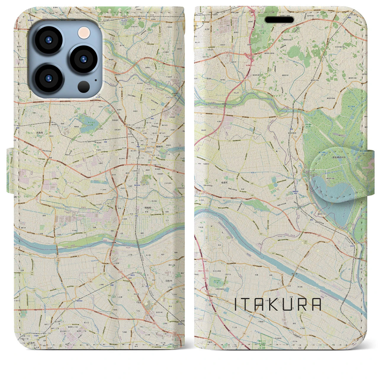 【板倉】地図柄iPhoneケース（手帳両面タイプ・ナチュラル）iPhone 13 Pro Max 用