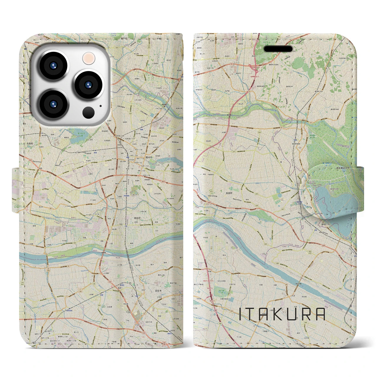 【板倉】地図柄iPhoneケース（手帳両面タイプ・ナチュラル）iPhone 13 Pro 用