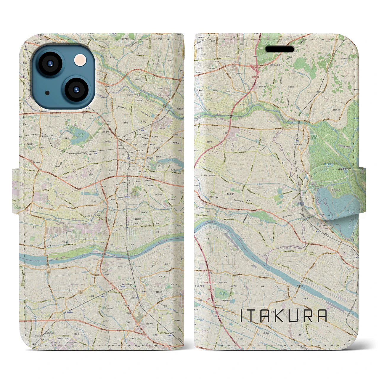 【板倉】地図柄iPhoneケース（手帳両面タイプ・ナチュラル）iPhone 13 用