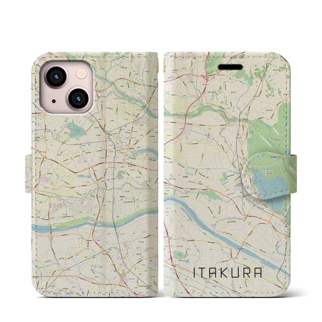 【板倉】地図柄iPhoneケース（手帳両面タイプ・ナチュラル）iPhone 13 mini 用